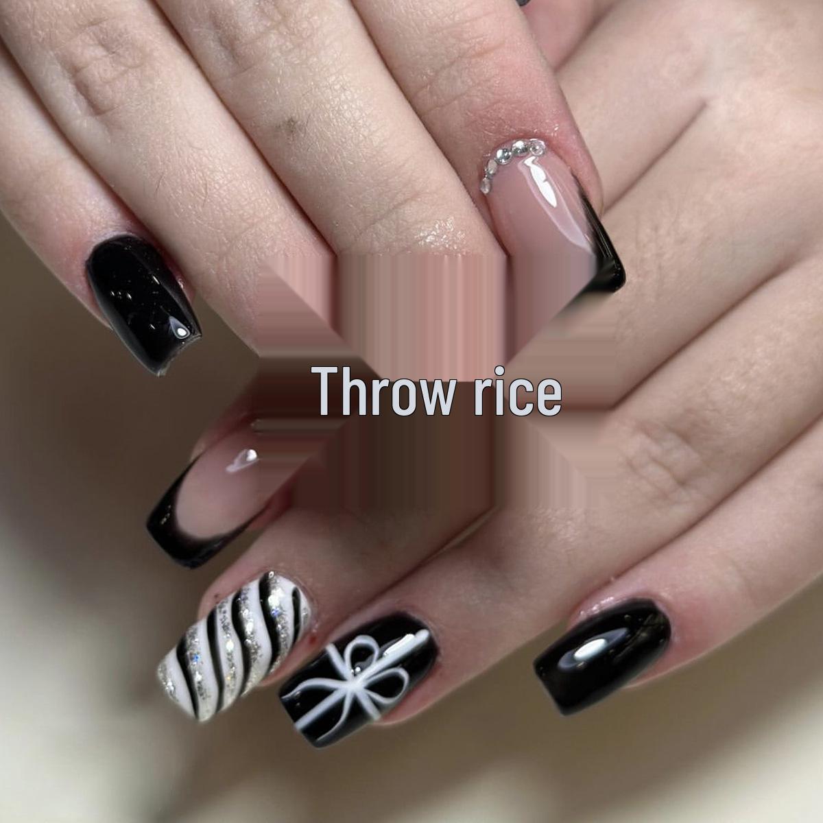 

Christmas Black French Tip Bow & Striped Rhinestone Removable Fake Nails