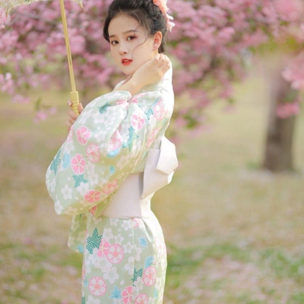 Printed Floral Sakura Girl Kimono Dress Elegance Japanese Style Yukata Bathrobe Party