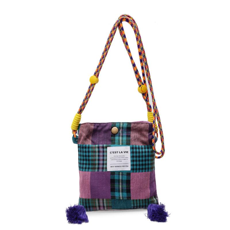 

Spring and summer Korean niche retro sweet plaid cloth mobile phone bag foreign style tassel casual fashion versatile messenger bag women зелёный