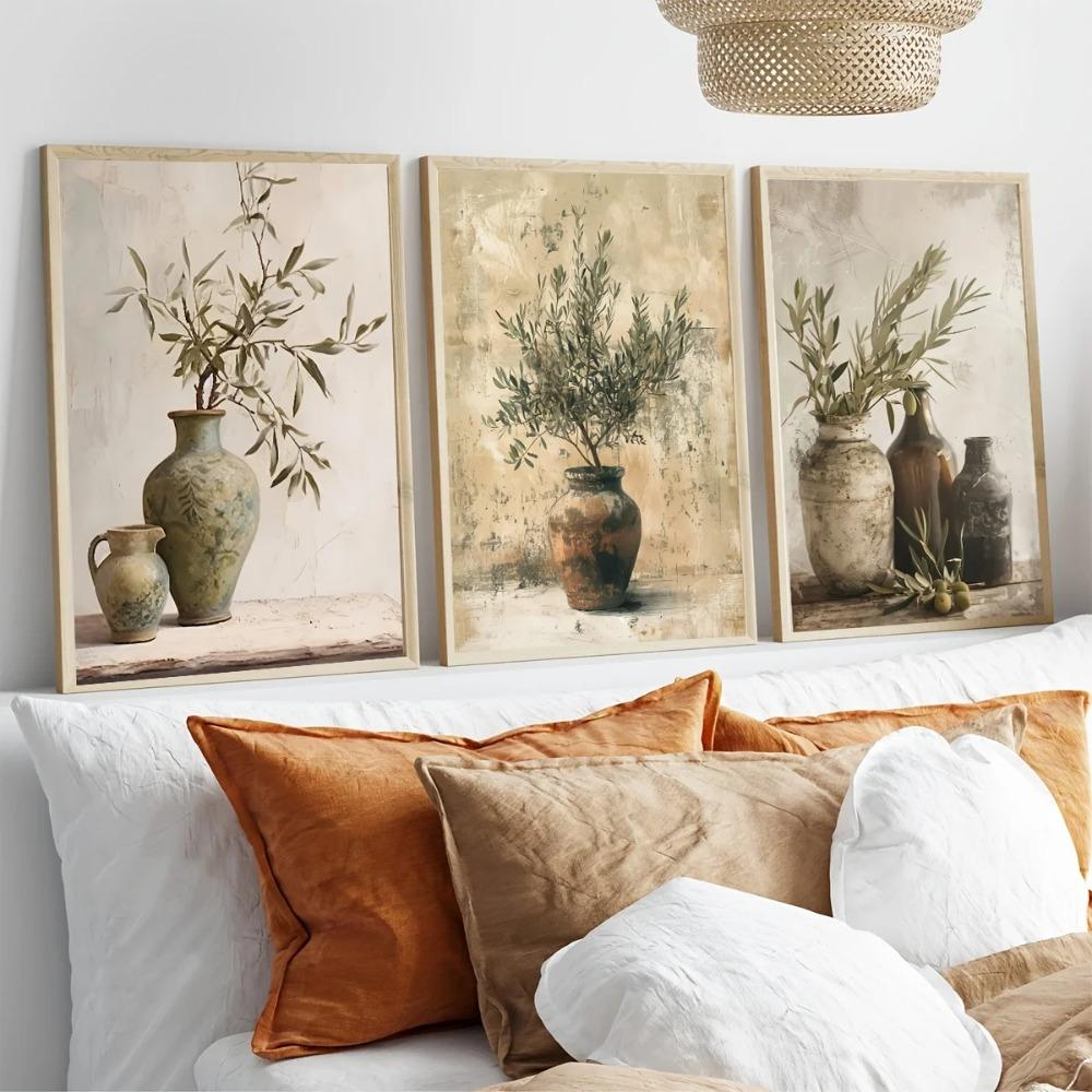 Retro Elegante Olivenbaum und Zitrone Leinwand Poster Vase Wandkunst Poster Perfektes Geschenk für Wohnzimmer Schlafzimmer Studentenwohnheim Heimdekoration