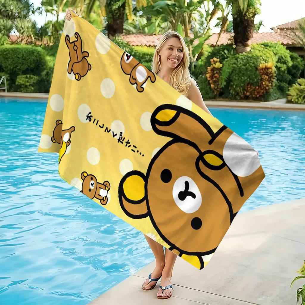 R-Rilakkuma Yellow Polka Dot Beach Towel, Cute Cartoon Bear Quick Dry Towel, for Swimming Pool, Travel, Camping and Daily Use