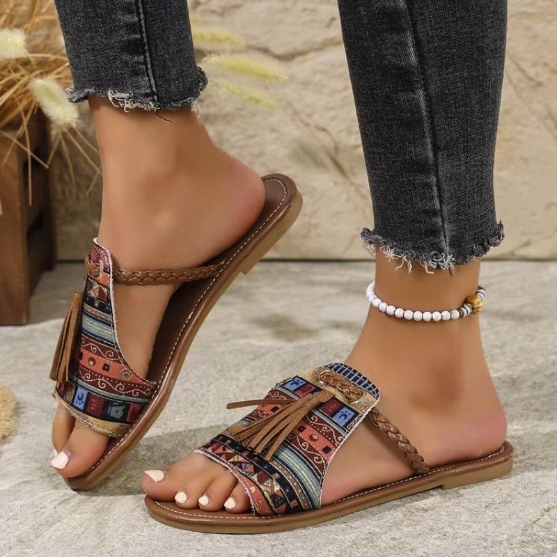 Fashion Women Color Ethnic Style Slippers Summer Round Head Slippers Large Size Sandals Beach Non-slip Lightweight Shoes Slides Women
