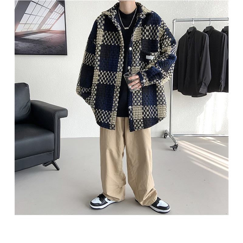 Men's Plaid Tweed Jacket Casual Button Down Shacket Coat Long Sleeve Loose Fit Streetwear Autumn Winter Fashion Outerwear