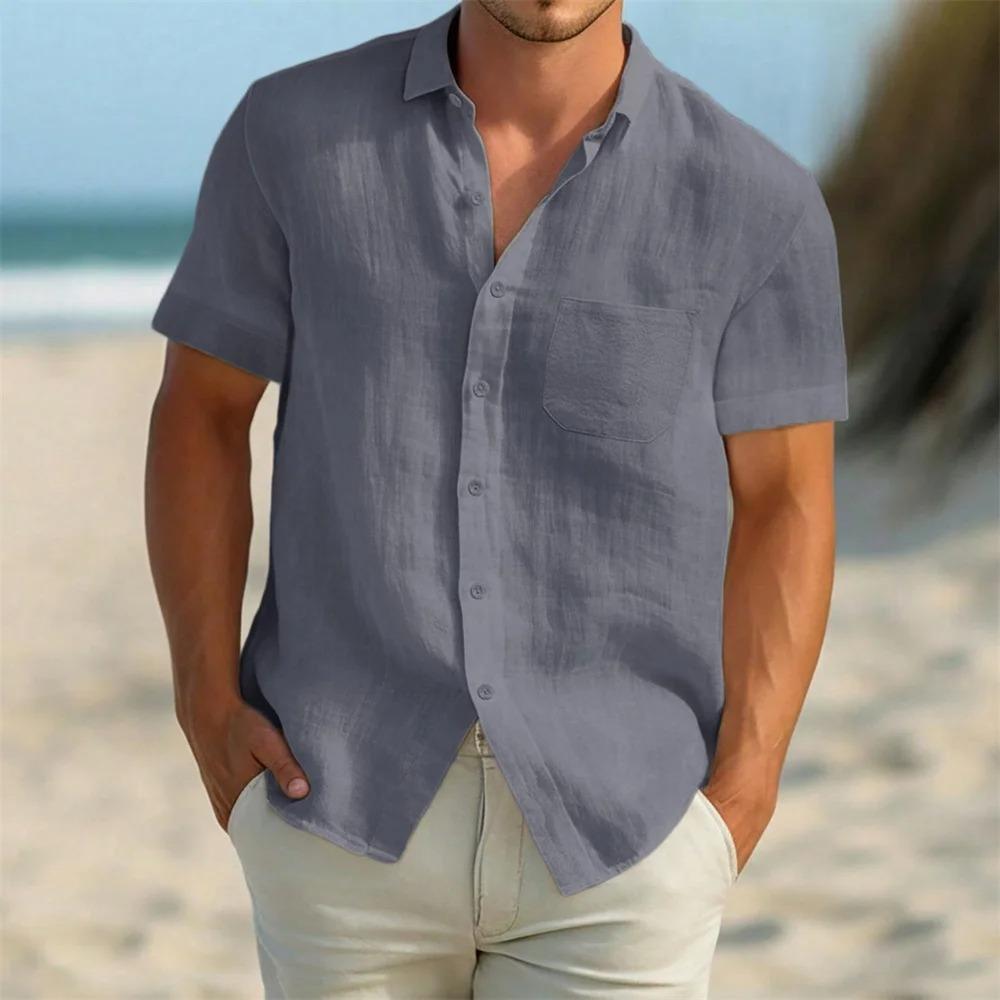 Lightweight Summer Linen Blend Short Sleeve Shirt for Men - Breathable Button Down Chest Pocket Casual Vacation Tops In Solid Colors