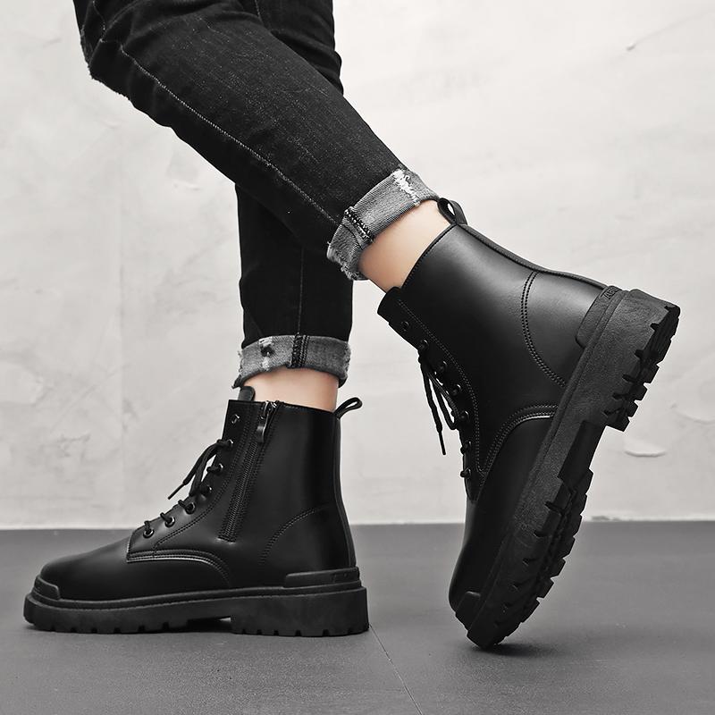 Fashion Black Men Leather Boots Winter Warm Mens Ankle Boots Outdoor High Top Casual Shoes with Fur Lace-Up Leisure Work Boots