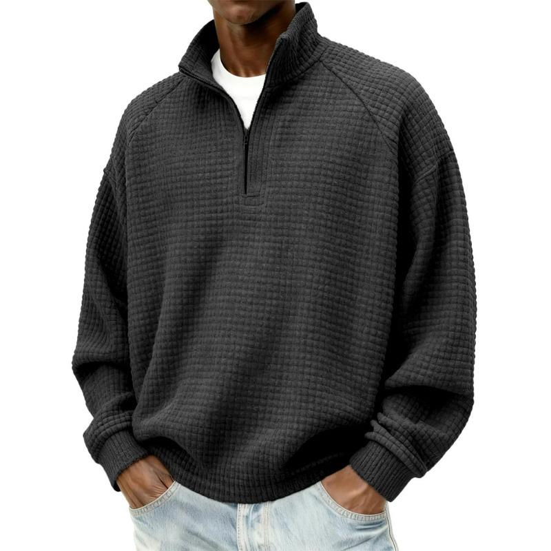 Men's Vintage Check Textured Zip Sweatshirt Stand Collar Long Sleeve Casual Pullover