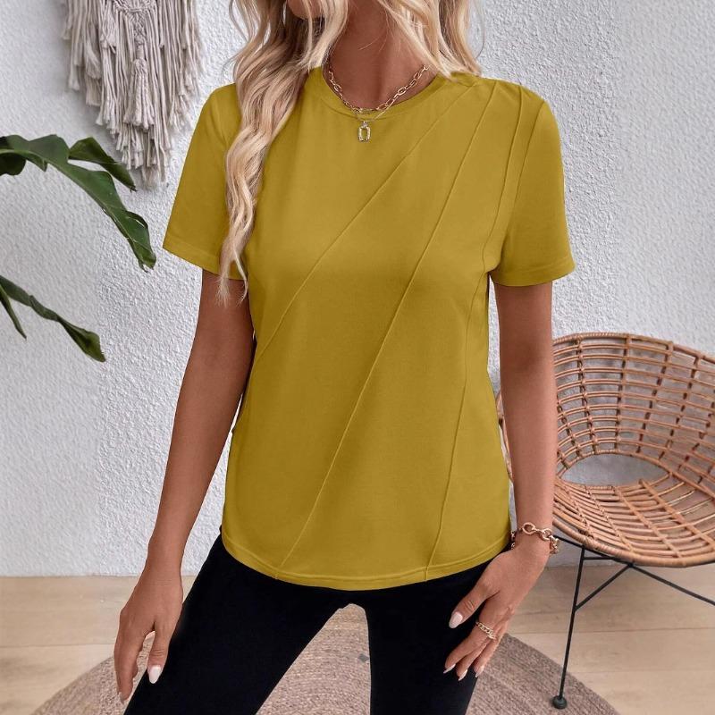 T-shirt d'été uni à col rond, manches courtes et coupe ample pour femmes