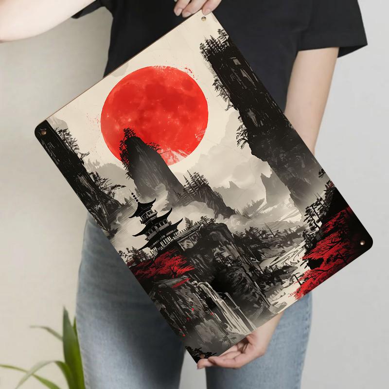 

Chinese Style Landscape Red Moon Zen Pavilion Metal Iron Painting Living Room StudyWall Art Decor 20x30cm（7.8x11.8inch）