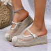 Breathable Lace Wedge Heel Mules Women 2025 Summer Luxury Pearl Chain Close Toe Slippers Bohemia Soft Hemp Sole Sandals Women