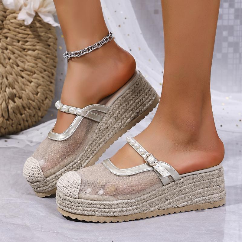 Breathable Lace Wedge Heel Mules Women 2025 Summer Luxury Pearl Chain Close Toe Slippers Bohemia Soft Hemp Sole Sandals Women