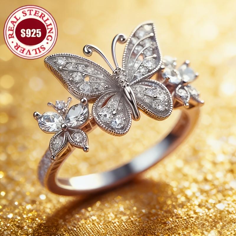 S Silver Fairy Three-Dimensional Double Butterfly Fully inlaid5A Zircon Women's Ring Elegant and Delicate Butterfly-Shaped Ring In Forest Style