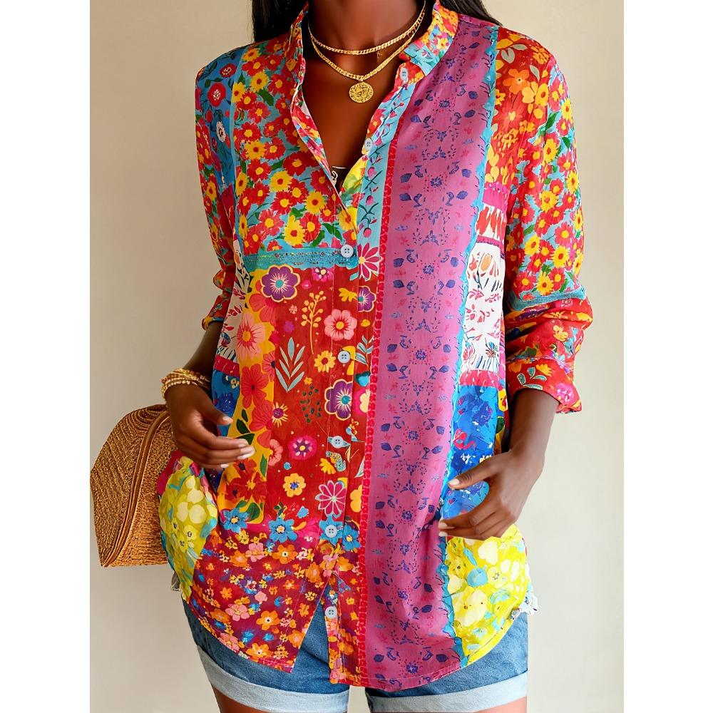 Floral Color Block Shirt - Spring Summer Loose Lightweight Vacation Daily Top