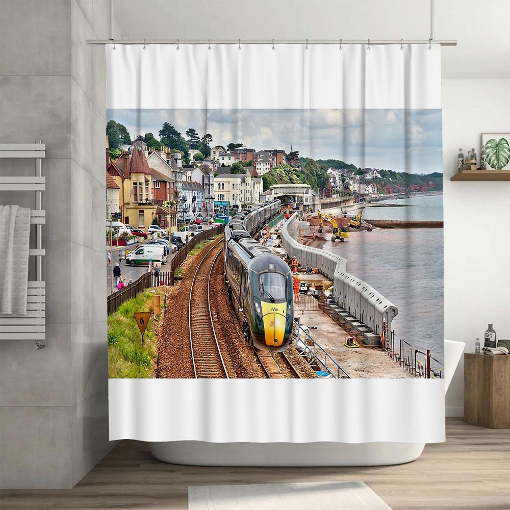 Zug Landschaft Duschvorhang Eisenbahnlandschaft Badezimmer Dekor Vintage Dampfmaschine Reisefotografie Kulisse Waschraum Kunst