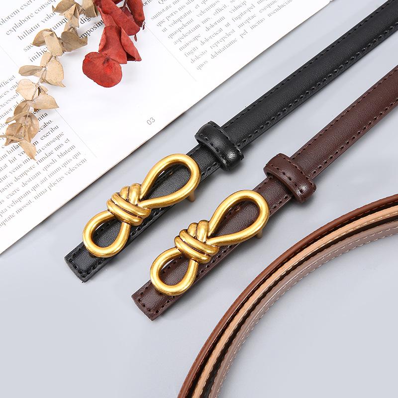 Women's Genuine Leather Bowknot Waist Belt - Simple, Versatile, Thin Cowhide Accessory for Dresses, Skirts, Shirts, and Trousers.