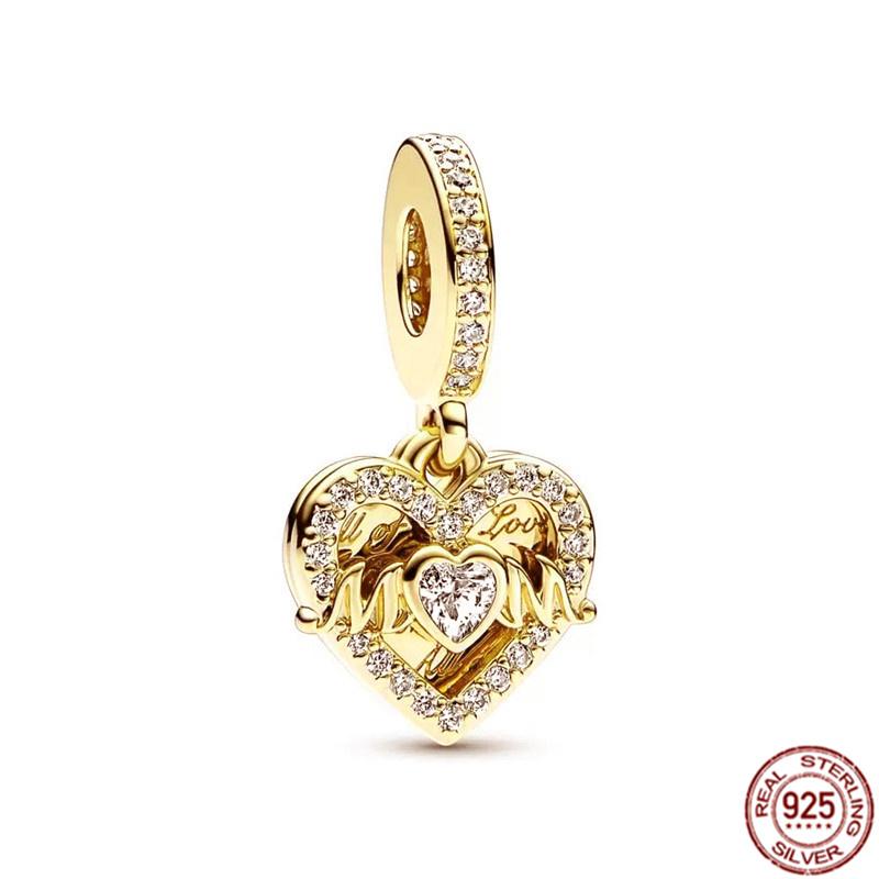 Fine S925 Sterling Silver Love You Mom Double Heart Split Dangle Charm Beads Fit Original  Bracelet DIY Women Jewelry Gift