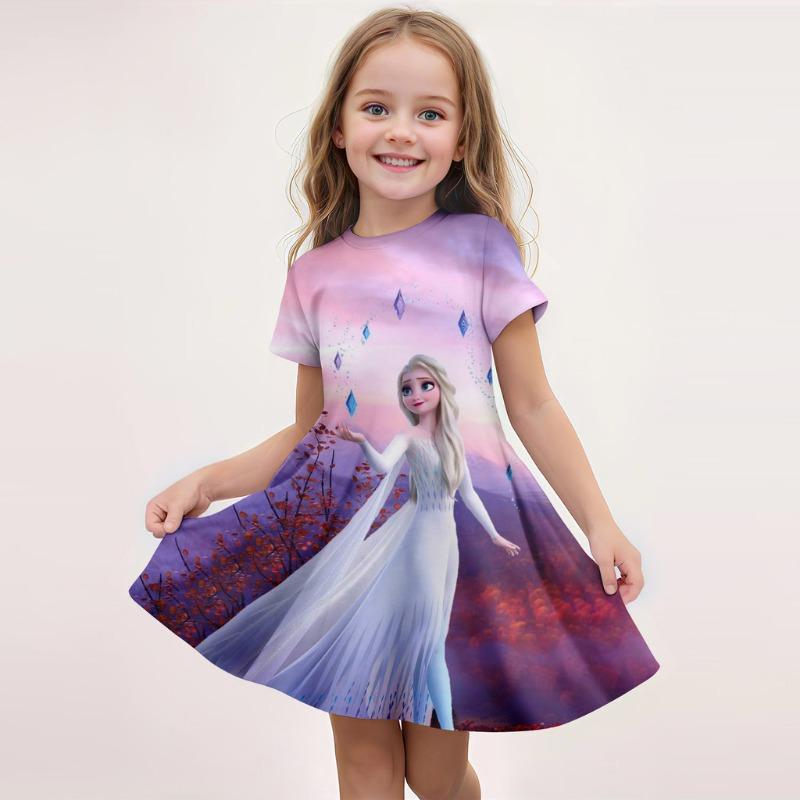 Disney Summer Hot Girl Short Sleeved Skirt Ice and Snow Romance Print 3D Printed Cartoon Pattern Elsa Princess Skirt