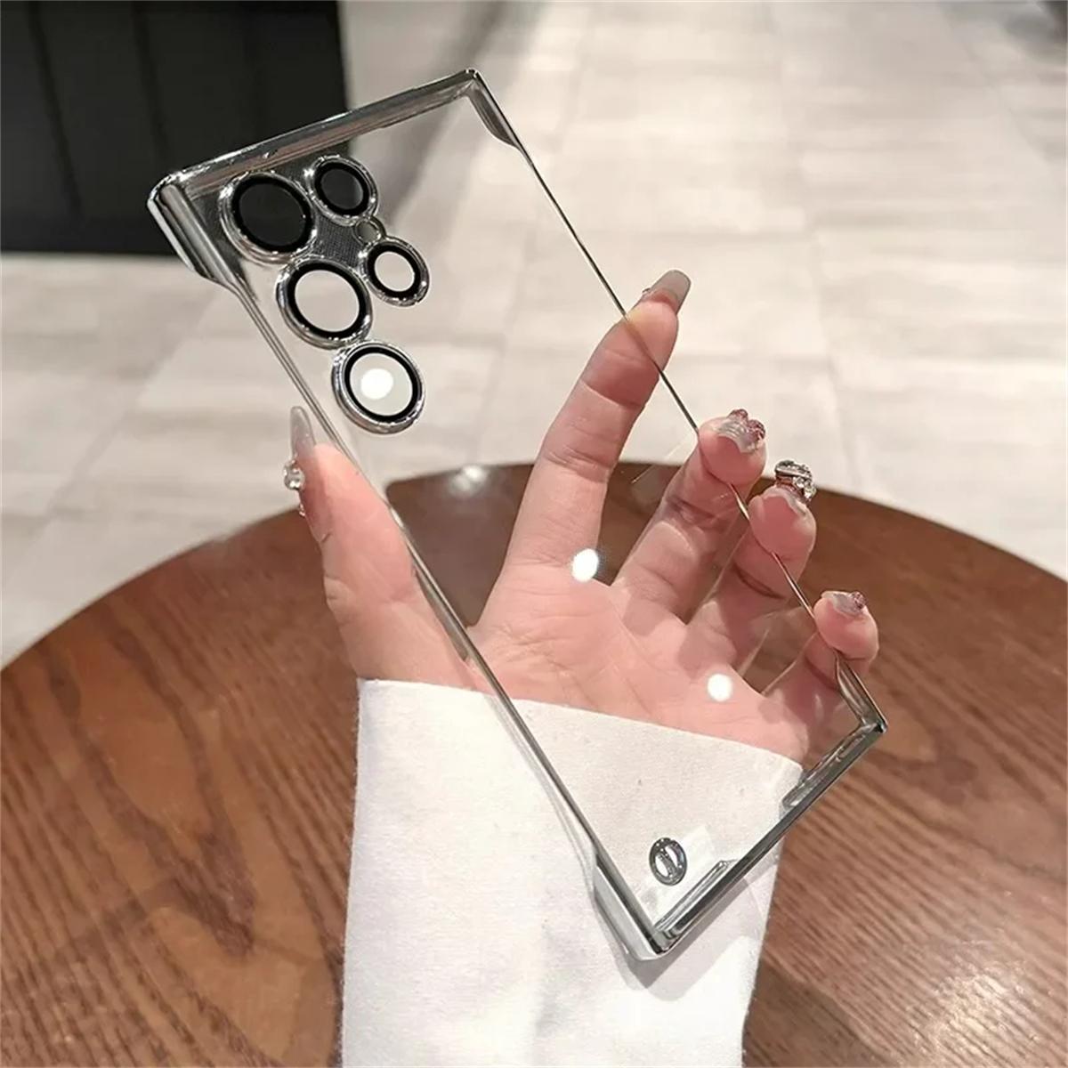 

Роскошный чехол без рамки с покрытием для Samsung Galaxy S25 S24 Ultra S23 S22 Прозрачный защитный объектив камеры Ударопрочный жесткий чехол Samsung S24 Ultra серебряный