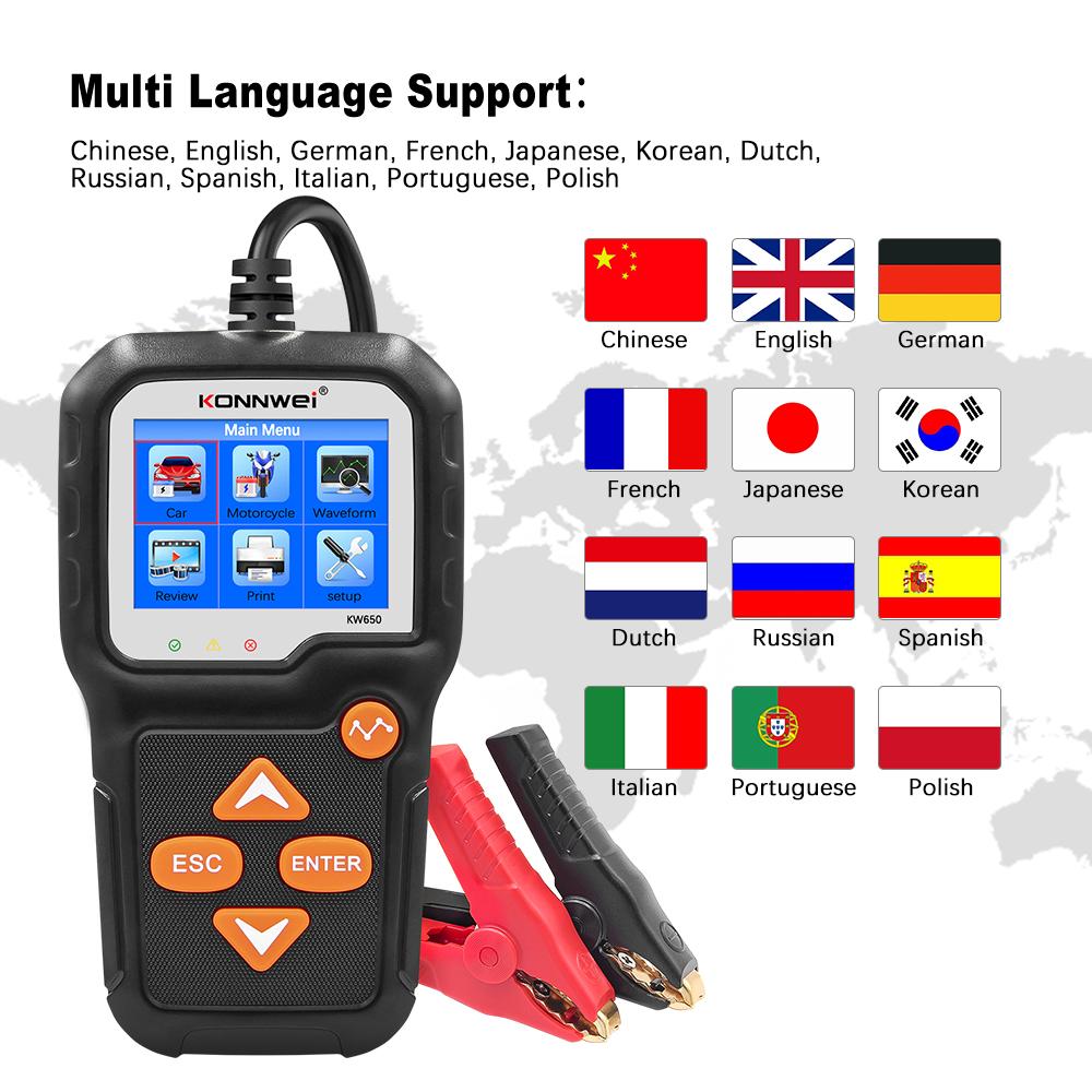 KONNWEI KW650 Car Motorcycle Battery Tester 6V 12V Battery Analyzer Diagnostic Tool 100 to 2000 CCA Car Moto Cranking Charging Test Scanner Tool