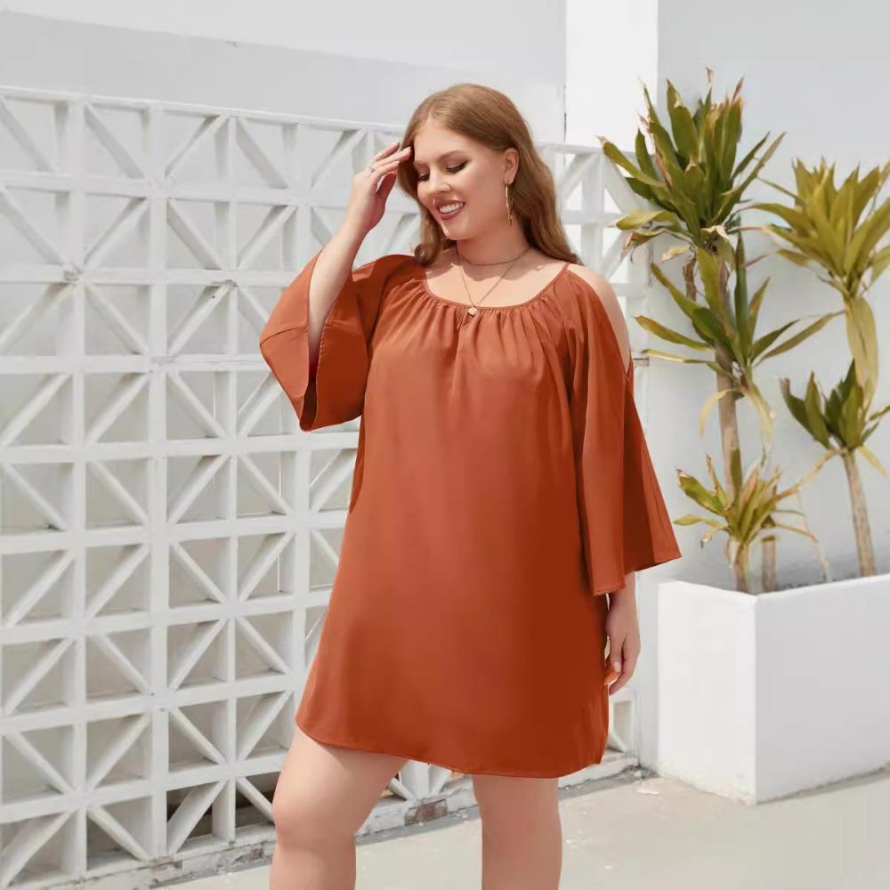 

XL-4XL Большие женские платья Однотонные повседневные праздничные платья Платья для путешествий с круглым вырезом и рукавами-фонариками XL коричневый