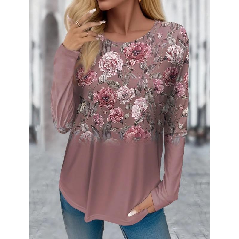 3D Print Floral Graphic Women's T Shirt Spring Autumn Long Sleeve Tops Basic Design Fashion O-Neck Fit Y2K Sweatshirt For Girls