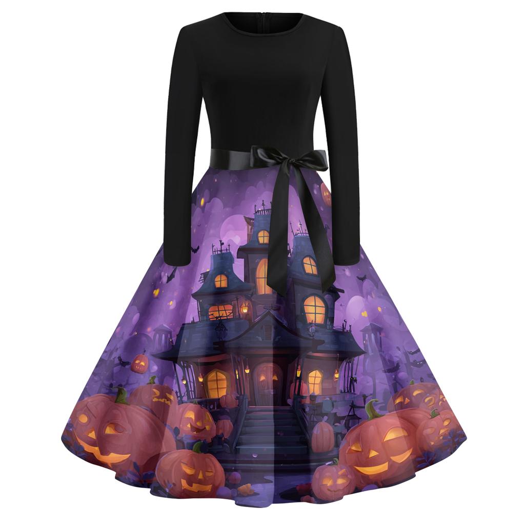 Women's Casual Fashion Round Neck Halloween Printed Vintage Dress