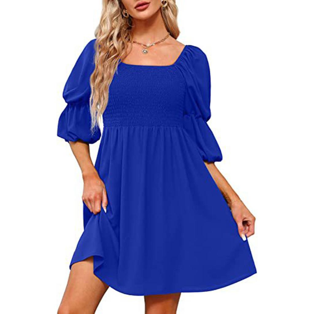 Women's Fashion Square Neck Puff Sleeve Pleated Backless Dress