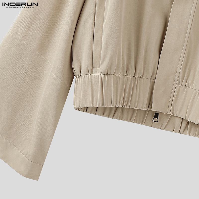 INCERUN S-5XL Men Stitching Collar Zipper Up Long Sleeve Loose Cargo Jackets Coats