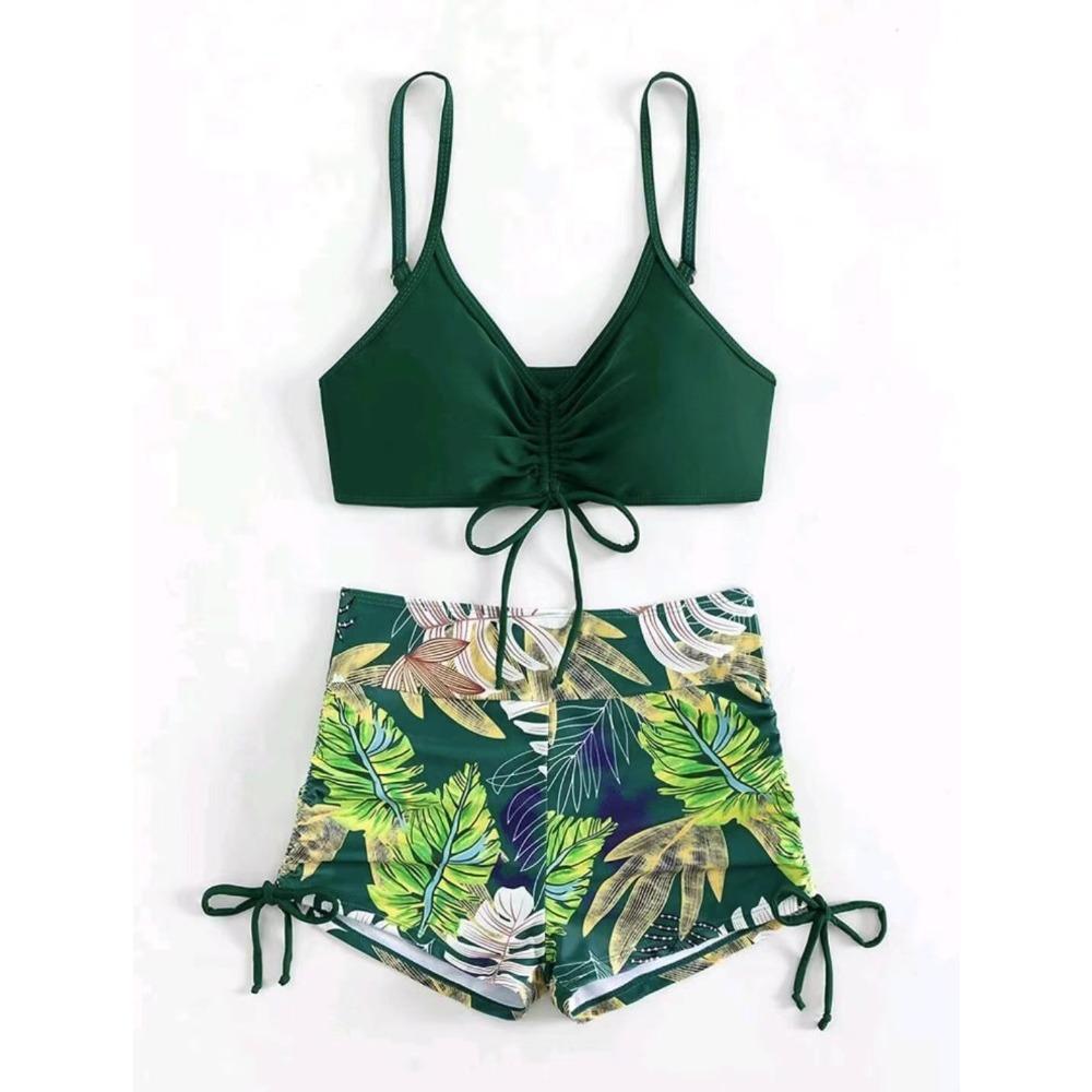 

Европейский и американский однотонный сексуальный плоский угловой бикини женский раздельный купальник XL темно-зеленого