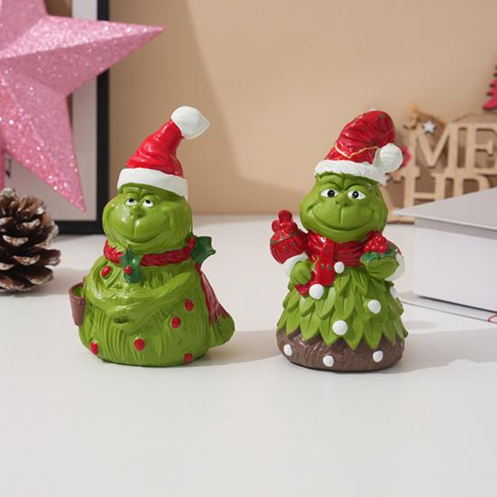 Small Christmas Sculptures Green Monsters Ornament with Santa Hat And Scarf, Resin Frog Cute Elf Tabletop Decor Figurine for Home Decoration, Outdoor