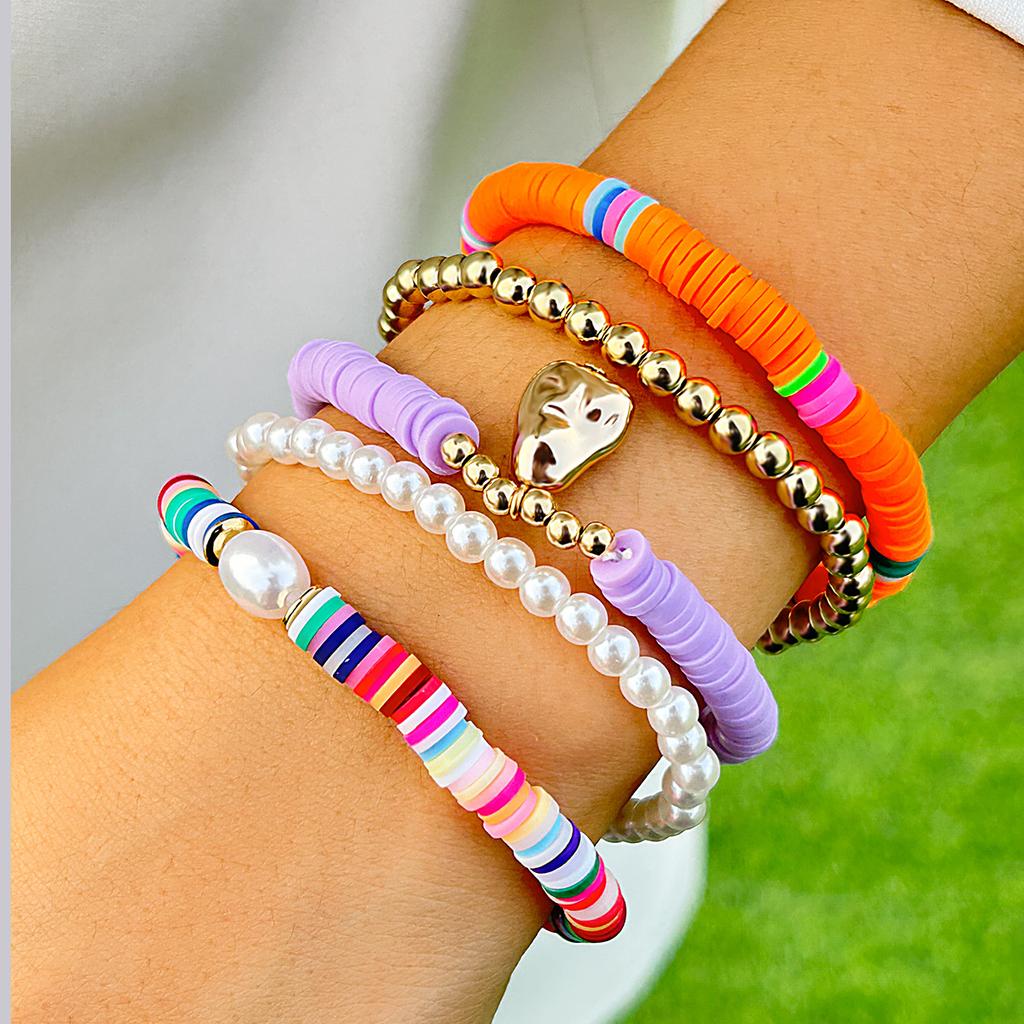 Holiday Soft Pottery Beaded Color Bracelet Set, Bohemian Flower Simple Bracelet