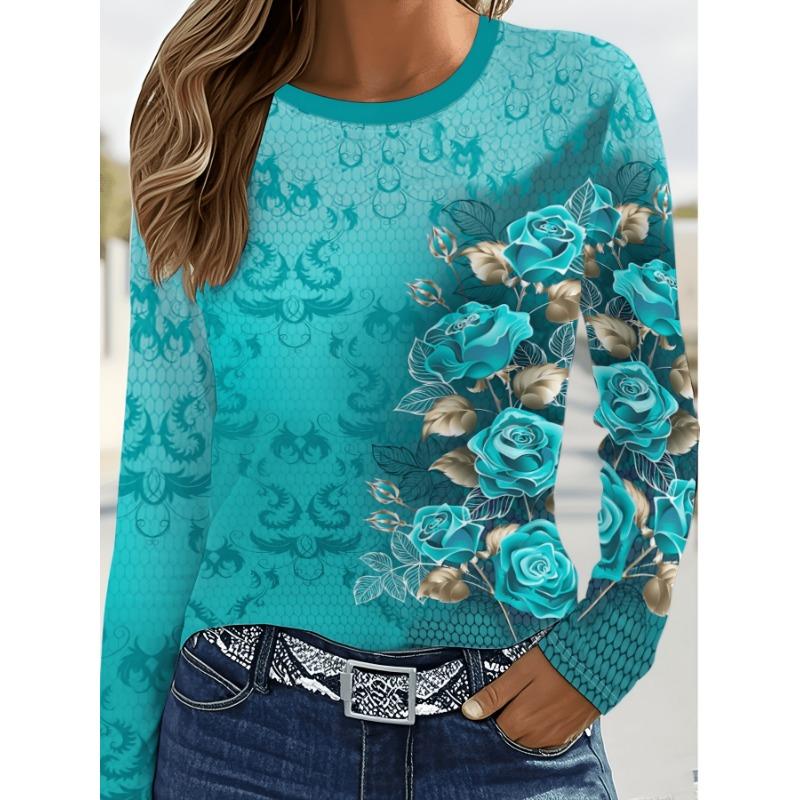 Women's Sunflower Print Long Sleeve Blouse - Casual & Office Wear Full-Body Sunflower Print Top, Soft Polyester Round Neck
