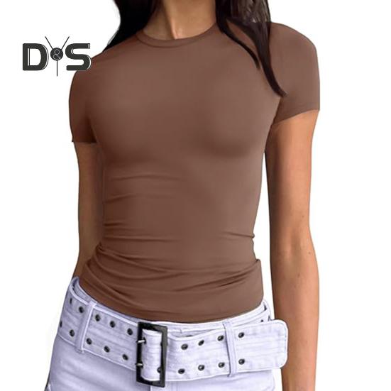 

Женская футболка с круглым вырезом и коротким рукавом, однотонная футболка, облегающий летний пуловер, топы, повседневная одежда для работы S кофейный