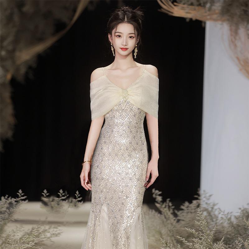Heavy Industry Evening Dress Suspender New Summer Light Luxury Niche Adult Ceremony Waist Fishtail Sequined Dress Skirt Women