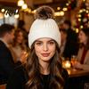Machine Washable Winter Caps Knitted Hat for Women, Cold Weather Fleece Lined with Pom Thermal Hats Girls Pom, Chunky Snow Hat, Soft Ribbed