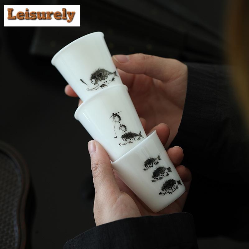 50ml Hand-painted Fish Play Teacup Dehua White Ice Seed Jade Porcelain Smell Cup Master Cup Meditation Cup Mugs Kung Fu Teaset