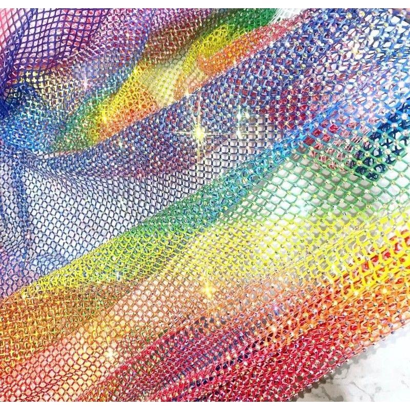 Luxury AB Color High Gloss Elastic Diamond Mesh Fabric Sewn with Satin Belt Mesh Lace Fabric DIY Dress Clothing High-end Fabrics