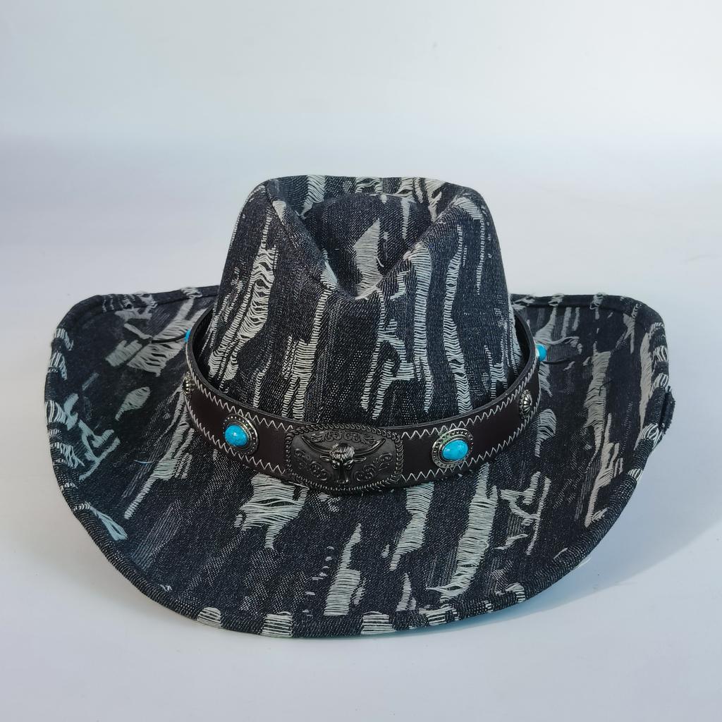 Vintage Denim Cowboy Hat For Men Women Cowgirl Hat Belt Hand-Torn Tassels Jazz Cowboy Hatfedora Hat Cloche Church Sombrero