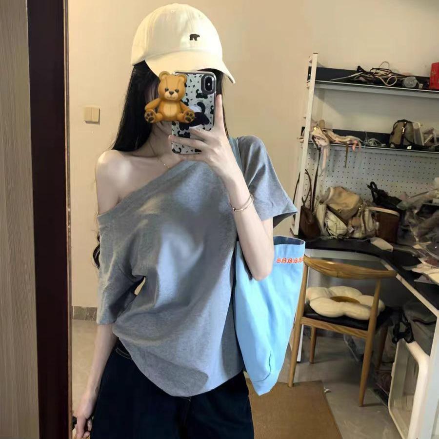 Korean slanted shoulder slack off-shoulder short-sleeved t-shirt women's summer loose lazy babes student bottoming top