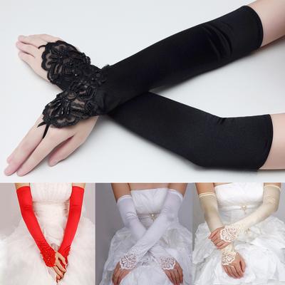 Bridal Wedding Dress Gloves Extended Fingerless Small Embroidery Flat Beige Black Red Gloves
