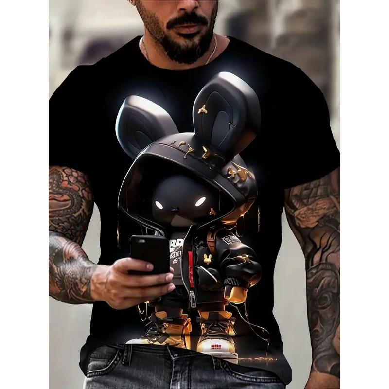Neues Brillen tragendes Cartoon-Kaninchen Herren-T-Shirt Mode Tier- und Cartoon-Print-Design Rundhals Lässig Sport Herrenbekleidung