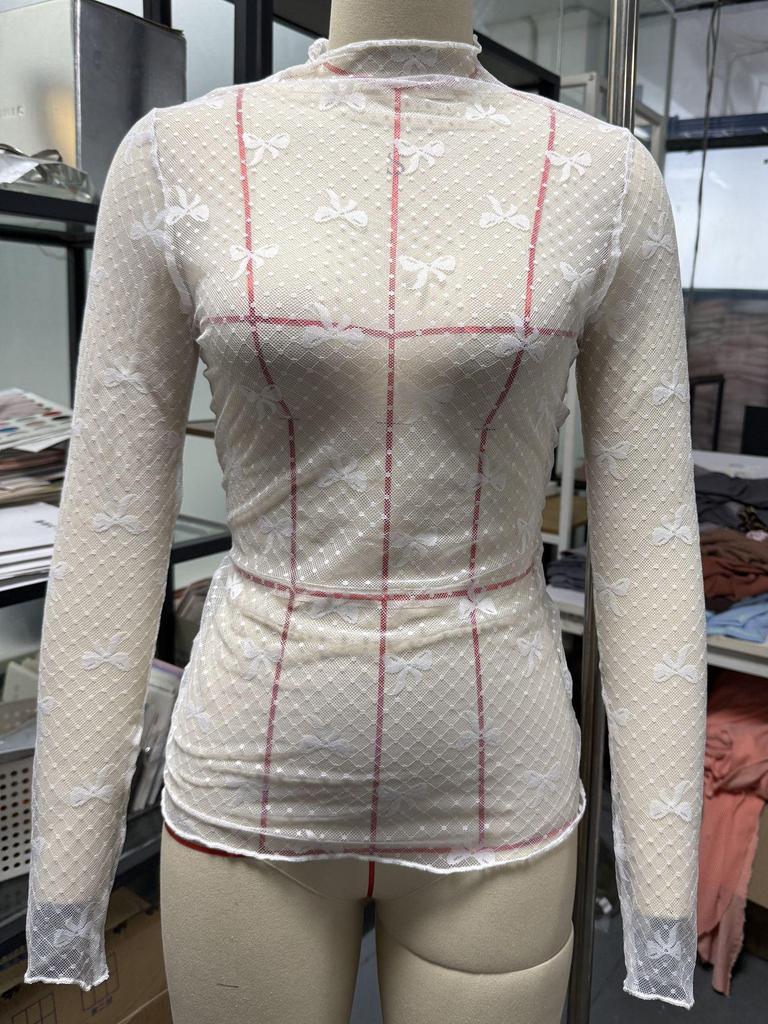 2025 European-American Slim Fit Long Sleeve Lace Bow Top