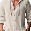 Men Hooded Drawstring Shirt Top Solid Color Button Closure Long Sleeve Quick Dry