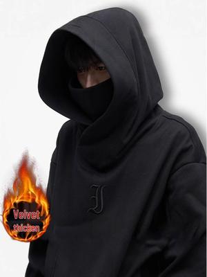 Men's Ninja Social Anxiety High Collar Hoodie - Autumn/Winter Velvet Heavyweight Trendy Couple Jacket