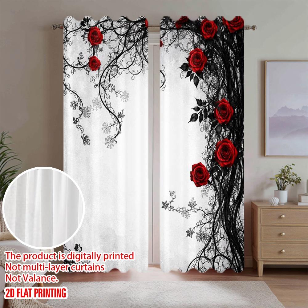 2D Flat Printing 2pcs Curtain Curtains Valentine's Red Roses Design Digital Printed Polyester Drapes Holiday Decorations for
