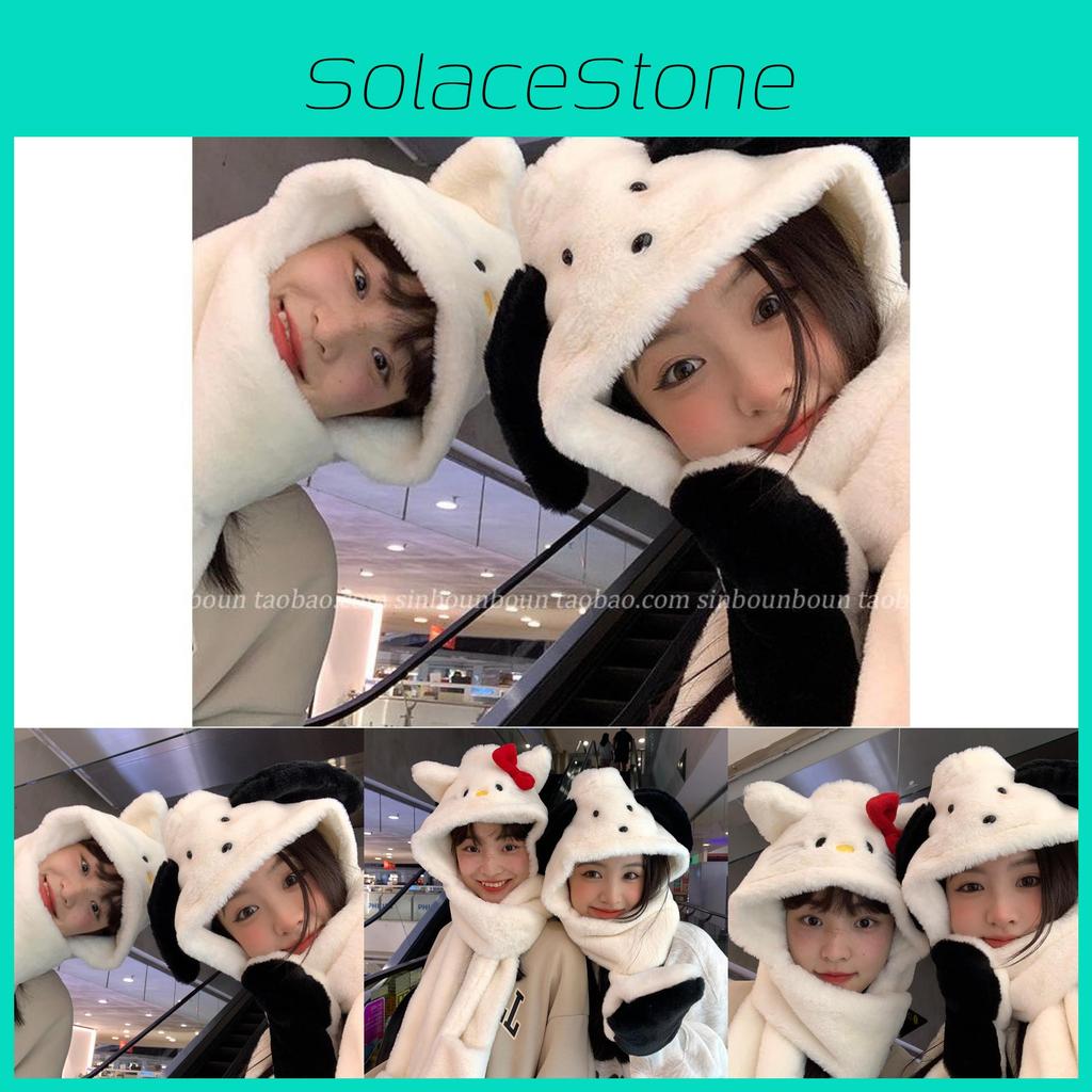 Cartoon Cute Hooded Plush Scarf And Gloves Set For Winter Warmth Wind Protection