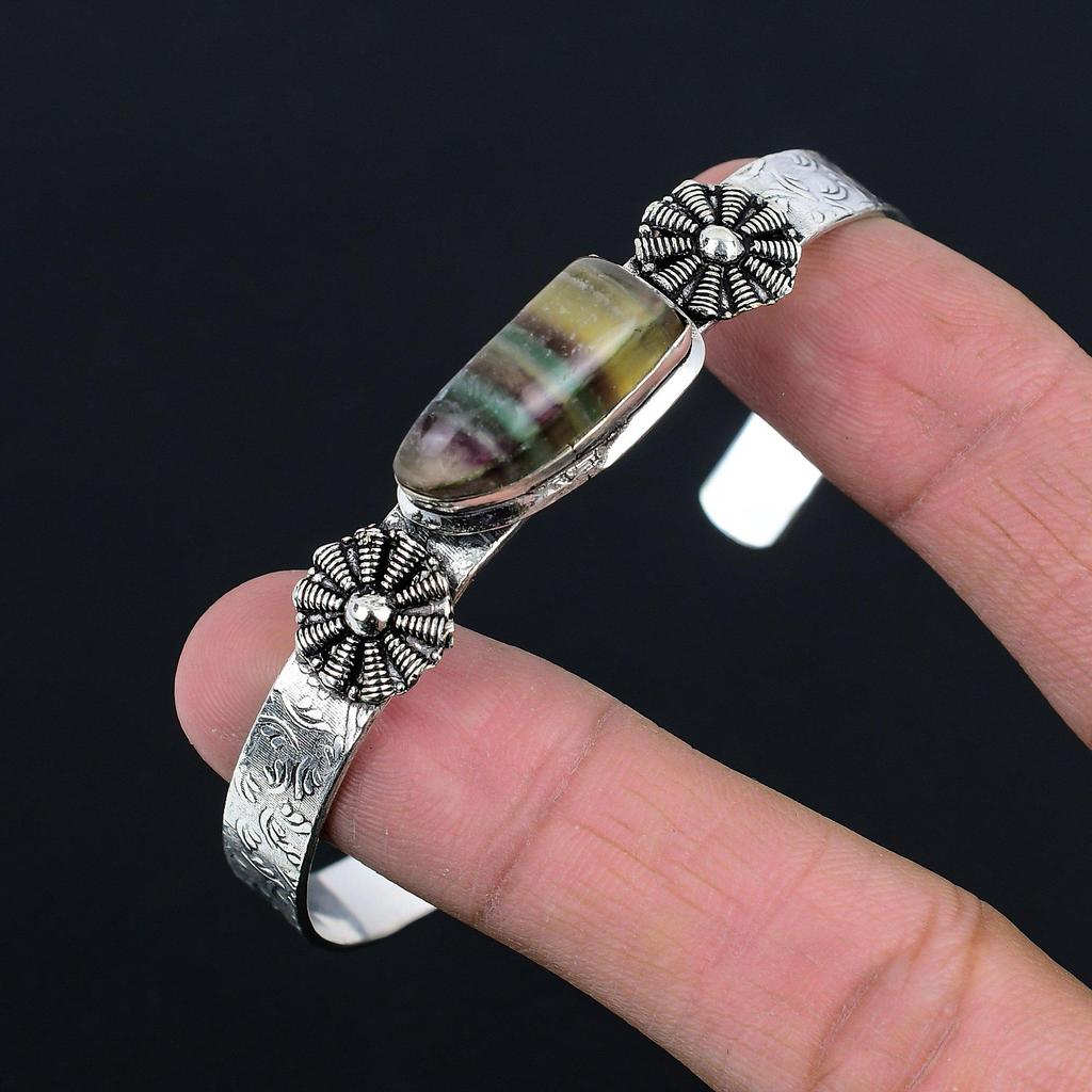 Daughters Day Sale Multi Fluorite Gemstone 925 Sterling Silver Birthday Bangle