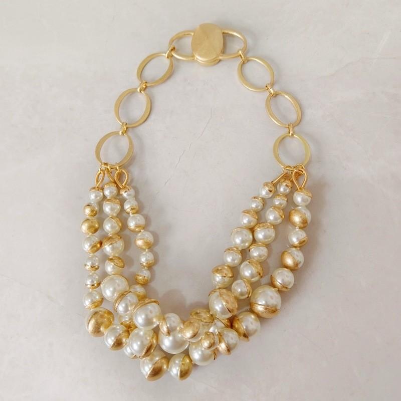 3-Layer Pearl Necklace Ladies High-end Temperament Sweater Chain Magnet Buckle Clavicle Chain Hand Stud Earring Chain