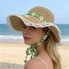 Straw Hat Wide Brim Embroidery Lace Splicing Beach Hat Embroidered Floral Adjustable Chin Strap Summer Sun Protection Hat