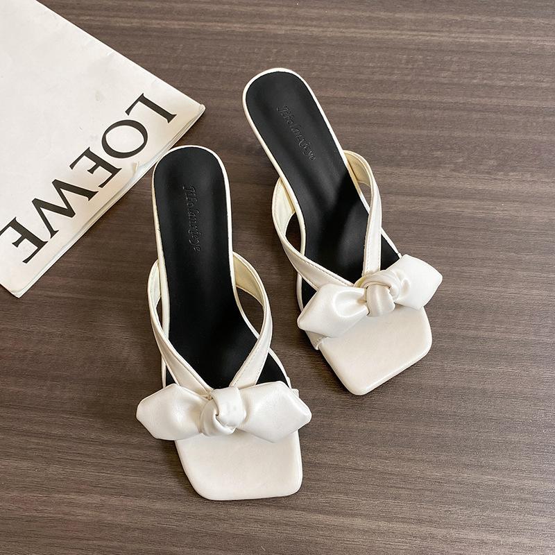 2025 New French Bow High-heeled Slippers with Thin Heels Versatile Square Head Fairy Wind Open-toed Cool Slippers