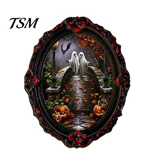 Spooky Witch Castle Wall Art Halloween Wooden Refrigerator Magnets, Vintage Gothic Oval Frame Fridge Magnets with Unique Kitchen Metal Surface